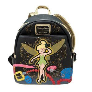 Disney Parks Loungefly Tinkerbell Mini Backpack Black/Gold Faux Leather With Gli
